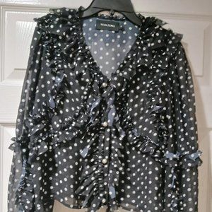 Polka Dot Ruffle Blouse with Pearl Buttons